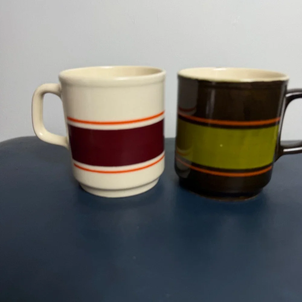 Mid century striped retro coffee mugs set of 2 Made in Romania
